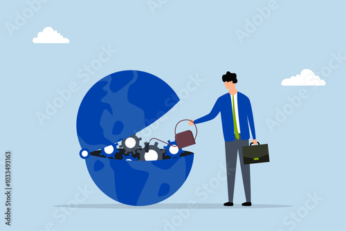 World economics treatment, businessman lubricate globe mechanics.