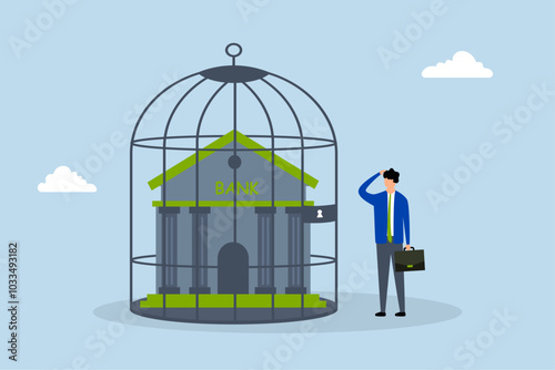 Financial sanction disconnect from SWIFT international money transfer, A businessman observes a bank building enclosed within a bird cage.