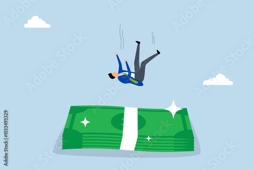 Insurance, Unsuccessful entrepreneur landing on large pile of cash for protection.