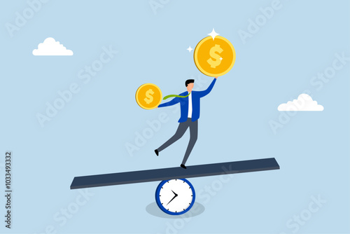Time value of money, Business investor holding various coins of different sizes on a clock shaped seesaw.