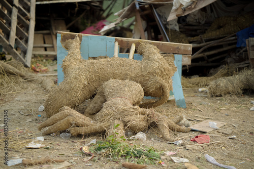 Durga Visarjan Idol Debris, Aftermath of Durga Puja Visarjan, Durga Idol Immersion Remnants, Discarded Durga Puja Structures, Idol Remnants Post Visarjan Stock Photo. photo