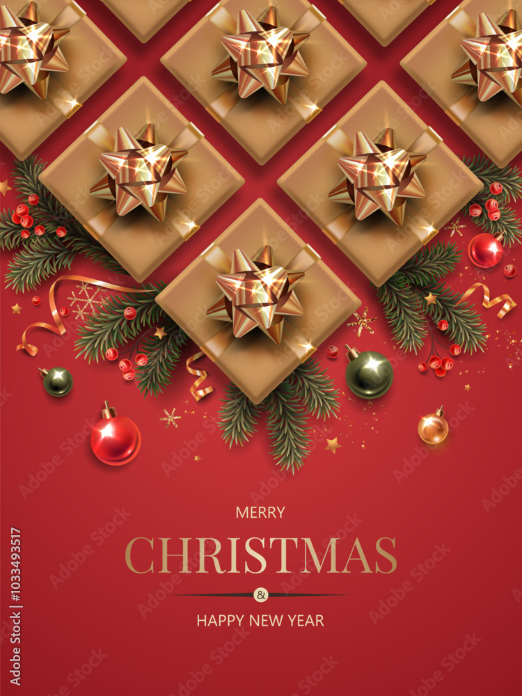Vertical banner with gold and green Christmas symbols and place for text. Christmas tree, gifts, balls, golden tinsel confetti and snowflakes on a red background.
Vertical banner with gold and green Christmas symbols and place for text. Christmas tree, gifts, balls, golden tinsel confetti and snowflakes on a red background.