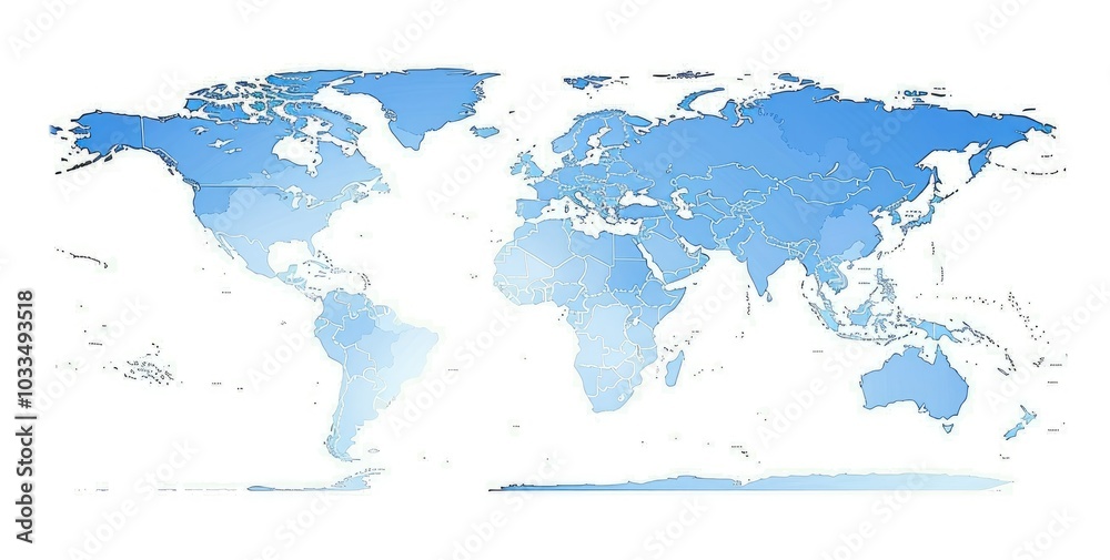 Fototapeta premium A blue and white world map on a white background symbolizing water and sky