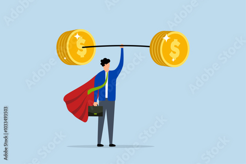 Investment professional, confident businessman like a superhero raises heavy coins of money.