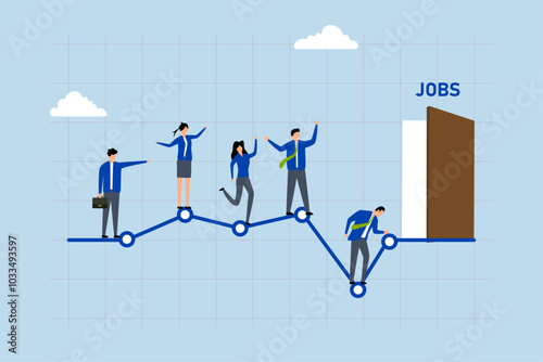 Unemployment rate, Entrepreneurs stand in line on a graph of unemployment, seeking employment opportunities.