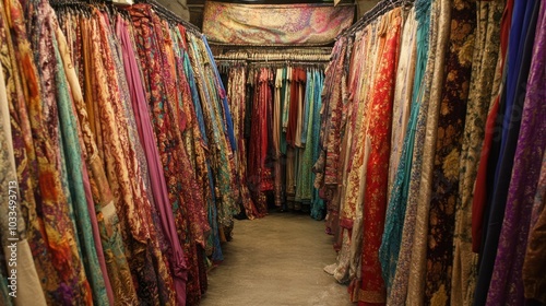 A narrow aisle filled with colorful fabric samples hanging on racks.