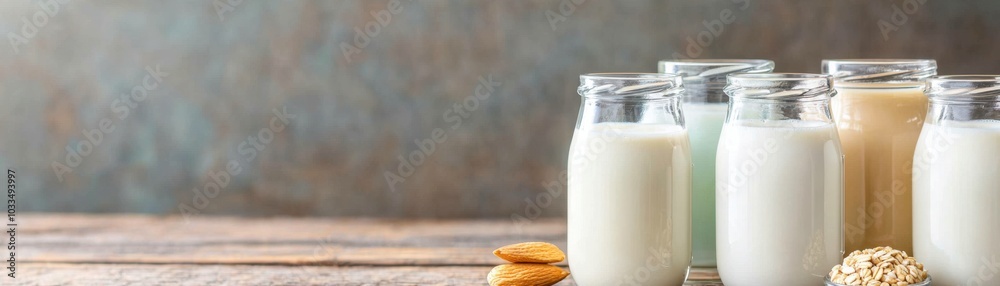 A collection of glass bottles filled with various types of milk alongside cookies set against a rustic background A collection of glass bottles filled with various types of milk alongside cookies set against a rustic background