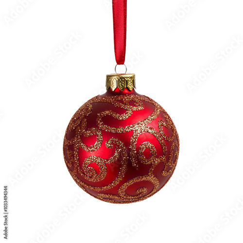 Red and gold Christmas bauble with glittery swirls and ribbon attached isolated on a transparent background 
