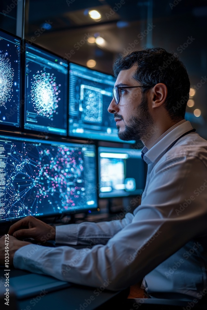 Portrait of an AI researcher working with neural networks on multiple screens in a modern workspace Portrait of an AI researcher working with neural networks on multiple screens in a modern workspace
