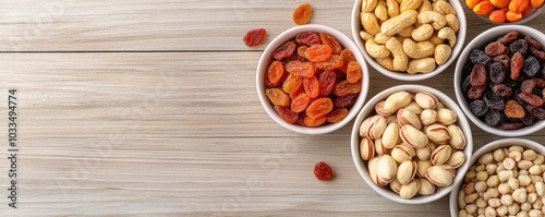 A variety of nuts and dried fruits arranged in bowls on a wooden surface showcasing vibrant colors and textures