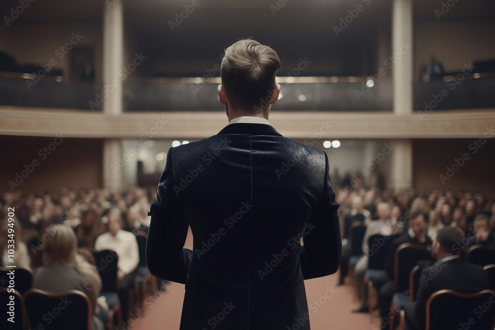 generated illustration back view of motivational speaker standing on stage in front of audience. generated illustration back view of motivational speaker standing on stage in front of audience.