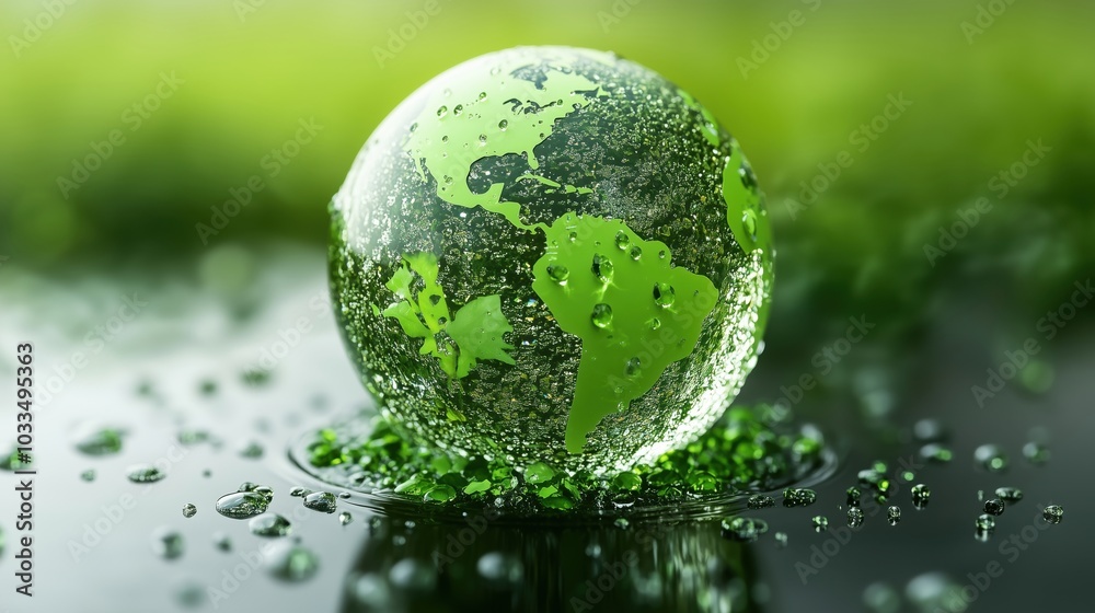 Green globe symbolizing environmental awareness, water droplets, lush background Green globe symbolizing environmental awareness, water droplets, lush background