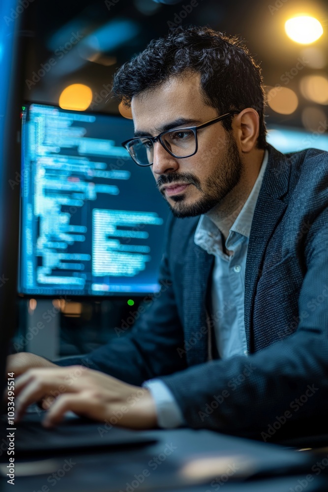 Portrait of an IT professional reviewing system diagnostics in a secure tech office Portrait of an IT professional reviewing system diagnostics in a secure tech office