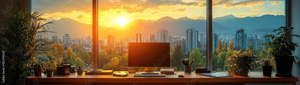 A scenic view from a home office window, overlooking a city skyline or mountain range A scenic view from a home office window, overlooking a city skyline or mountain range