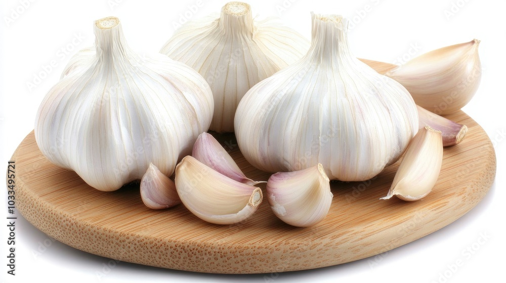 Fresh Garlic Bulbs and Cloves on Wooden Board Fresh Garlic Bulbs and Cloves on Wooden Board