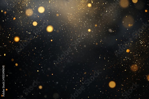 Abstract background with gold glitter and bokeh lights on a dark background.