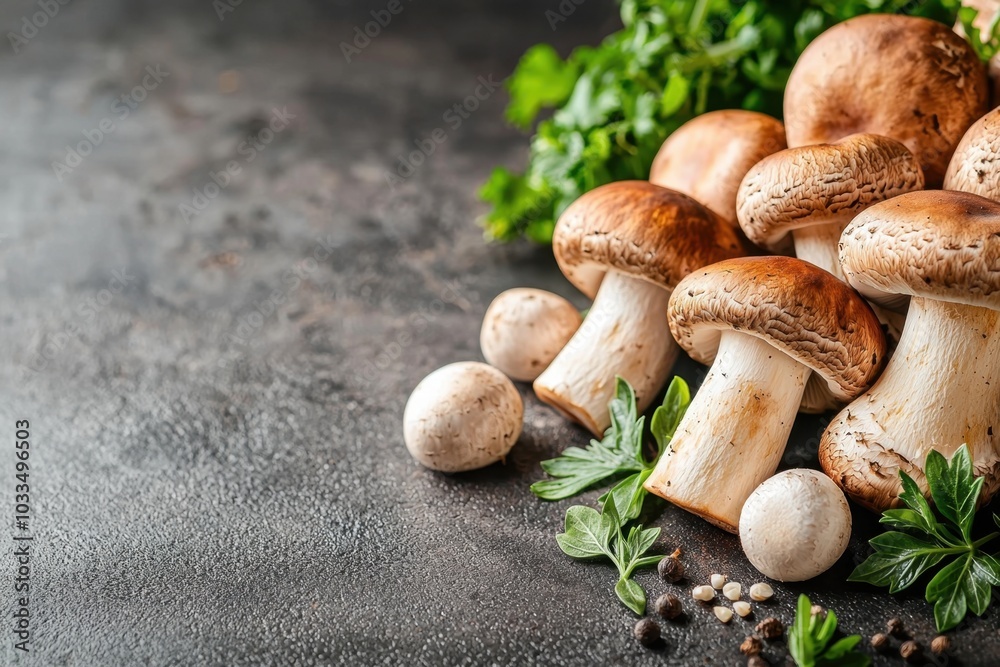 Fresh mushrooms with greens on a textured surface showcasing earthy colors and natural ingredients ideal for culinary dishes Fresh mushrooms with greens on a textured surface showcasing earthy colors and natural ingredients ideal for culinary dishes