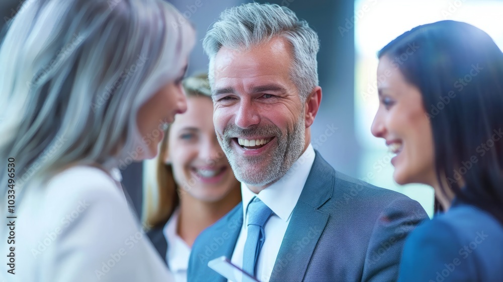 A happy middle-aged professional executive is talking to a recruiter at an interview meeting. A smiling, mature female financial adviser and professional bank manager are consulting clients in the c A happy middle-aged professional executive is talking to a recruiter at an interview meeting. A smiling, mature female financial adviser and professional bank manager are consulting clients in the c