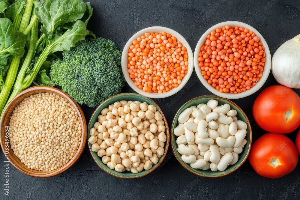 Fresh vegetables and legumes arranged in bowls on a dark surface showcasing a variety of healthy ingredients for cooking and nutrition Fresh vegetables and legumes arranged in bowls on a dark surface showcasing a variety of healthy ingredients for cooking and nutrition