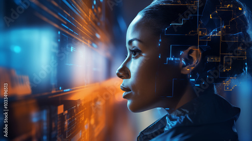 AI cyber security threat, female african american IT specialist analysing futuristic holographic data information.