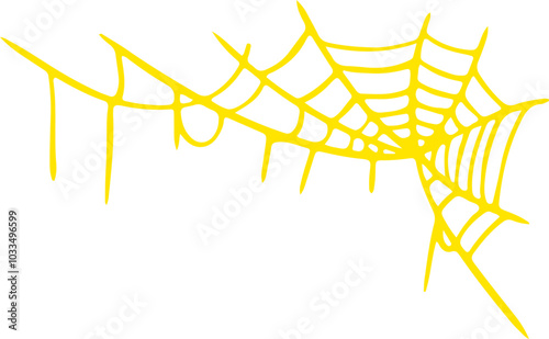 Yellow spider web illustration with irregular lines, creating a stylized, abstract look. Perfect for Halloween-themed designs, decorations, or graphic projects.