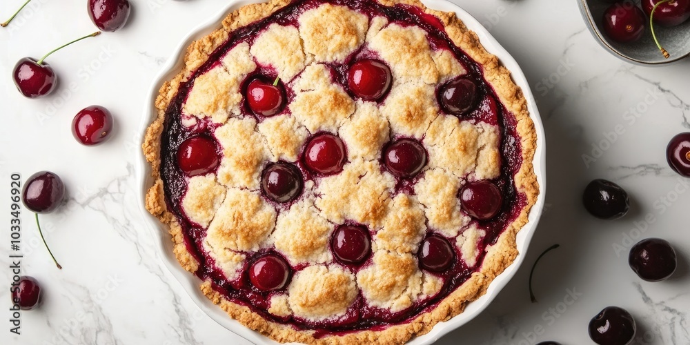 Homemade Cherry Cobbler on a White Marble Countertop with Fresh Cherries Scatter on the Surface
