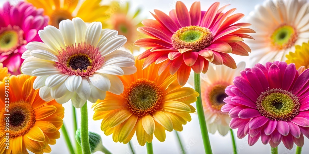 Stunning Macro Photography of Vibrant Daisy and Gerbera Flowers on White Background for Nature Lovers and Floral Enthusiasts Stunning Macro Photography of Vibrant Daisy and Gerbera Flowers on White Background for Nature Lovers and Floral Enthusiasts