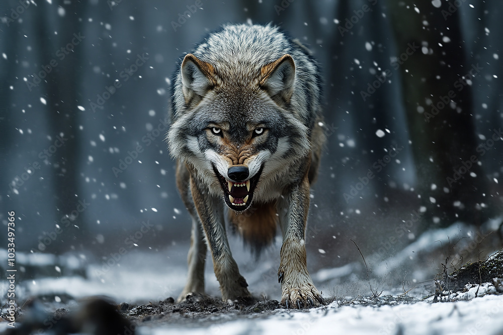 Fototapeta premium Lone Wolf Symbolizing Anger in Cold Wilderness - Tense Posture