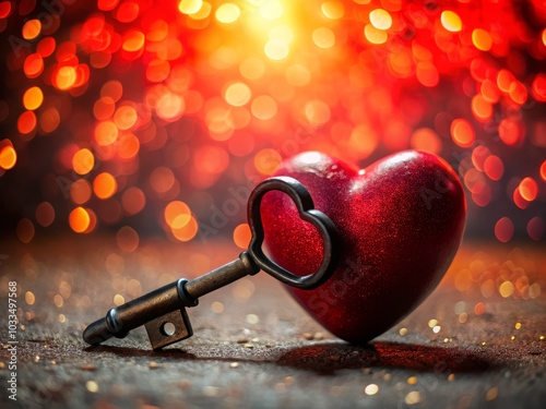 A Black Key on a Red Heart Symbolizing Love and Secrets, Conceptual Photography of Heartfelt Connection, Unlocking Emotions, Romantic Symbolism, Heartfelt Moments photo