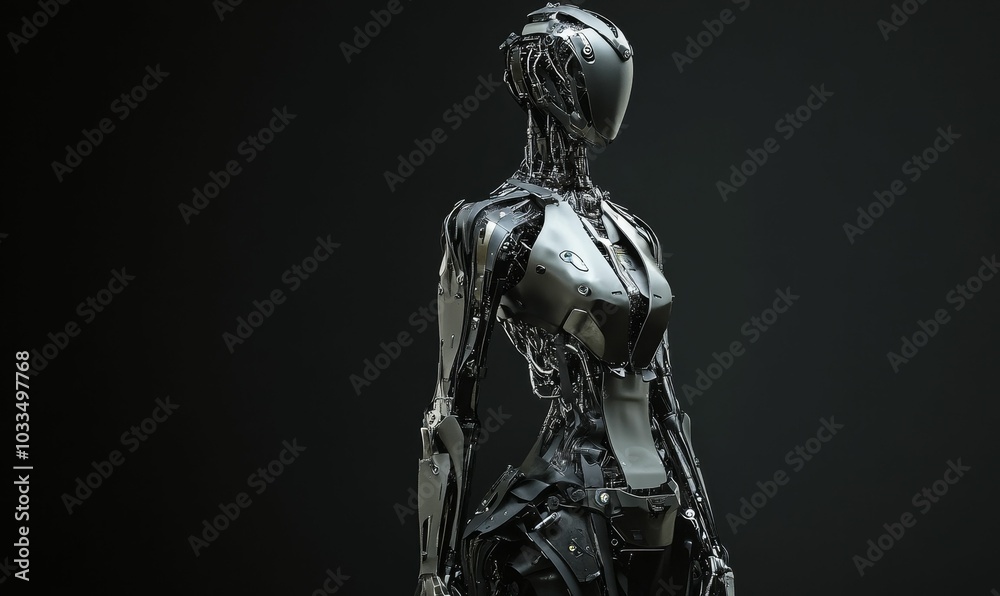 A metallic robotic figure stands against a dark background. A metallic robotic figure stands against a dark background.