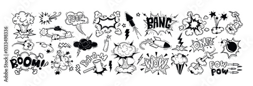 Doodle hand drawn bomb explosion with boom crash smoke effect. Comic book clouds, sound atomic fire blast with nuclear weapon, bullets, dynamite icon. Speech bubbles with words pow, wow, bang, poof