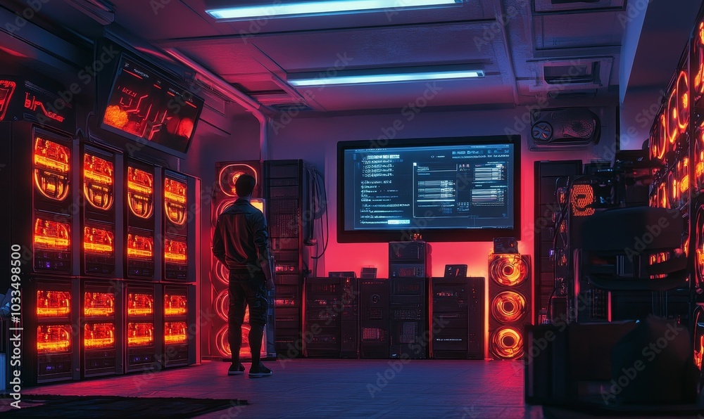 Man in futuristic room with glowing screens. Man in futuristic room with glowing screens.