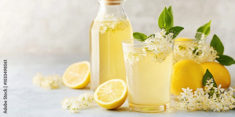 Fototapeta premium Homemade elderberry flower syrup in a bottle alongside lemonade in a glass, with lemon zest and fresh blossoms set against a white background, copyspace, selected focus.