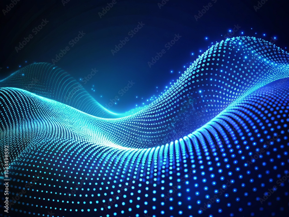 Abstract Blue Wave with Moving Dots - Flow of Particles in Cyber Technology, Futuristic Design, Minimalist Aesthetic, Digital Waves, Tech Background, Modern Art Abstract Blue Wave with Moving Dots - Flow of Particles in Cyber Technology, Futuristic Design, Minimalist Aesthetic, Digital Waves, Tech Background, Modern Art