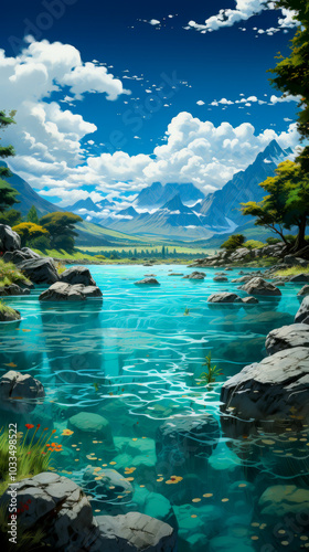 A stunning landscape of a clear turquoise mountain lake with a rocky shoreline, surrounded by greenery, under a bright blue sky with fluffy clouds
