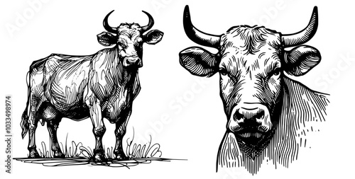 charming hand-drawn line art illustration of a cow grazing in a peaceful pasture black vector