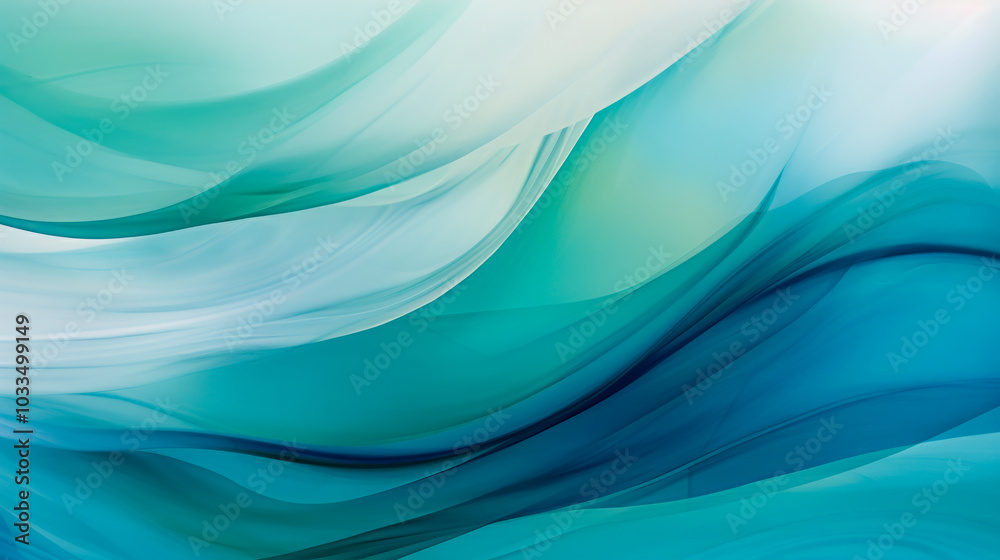 Fototapeta premium Abstract design featuring smooth, flowing waves in shades of blue and green, creating a calming and fluid visual effect with soft gradients