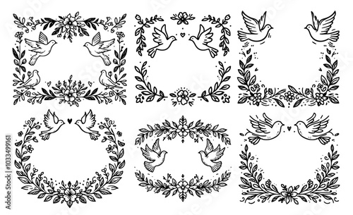 romantic floral and dove wedding decorations in minimalistic doodle style