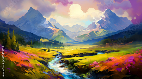 A vivid landscape painting featuring towering mountains, colorful fields, and a serene river winding through the valley under a bright sky
