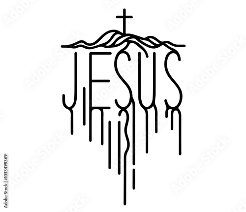 Jesus Christ Savior Messiah Son of God, vector illustration religious monochrome doodle line art style, hand-drawn pattern monoline