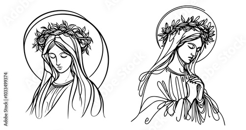 Our Lady Virgin Mary, vector illustration: Madonna, Mother of God silhouette, decorative religious icon, 