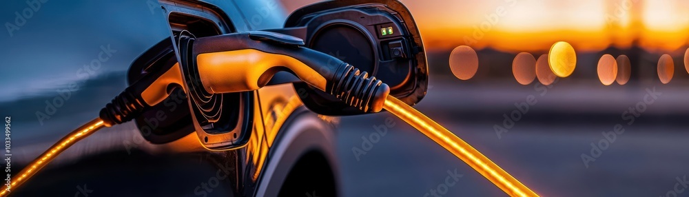 Electric car charging at sunset Electric car charging at sunset