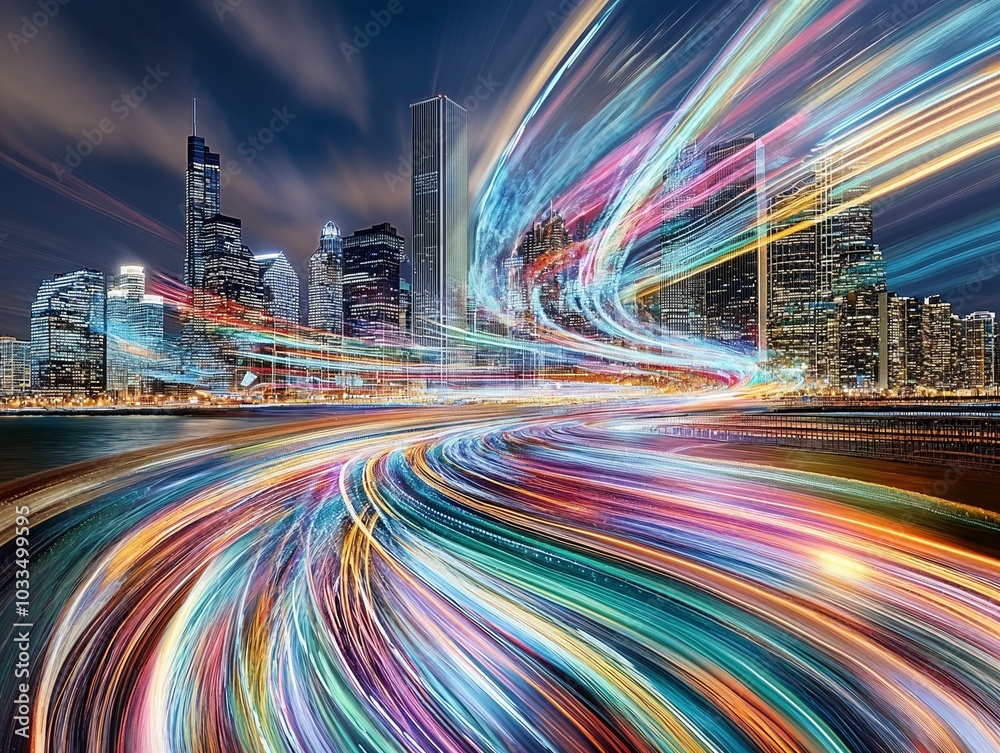 Fototapeta premium Dynamic cityscape at night showcasing information movement through vibrant light trails