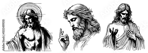 hand-drawn jesus christ portrait illustrations perfect for religious designs