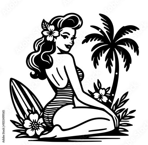 black vector silhouette of a pinup girl in classic 50s style