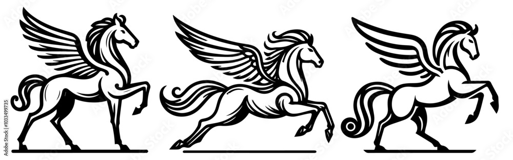 Fototapeta premium hand-drawn pegasus horse logos in black vector style for fantasy and branding use