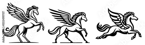 stylish pegasus horse logos in black line art for fantasy-themed design projects