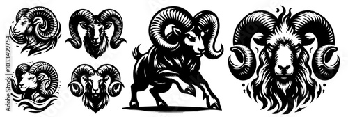 Fotografie artistic set of mouflon illustrations in line art, showcasing detailed horn shap