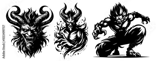 artistic line art collection of a devil displaying diverse emotional expressions and dynamic movements