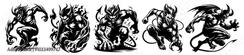 detailed line art series of a devil showcasing a variety of poses, emotions, and energetic movements